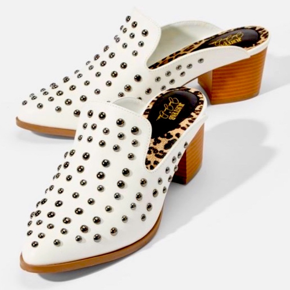 White studded mules Jessie James Decker X Just Fab collection